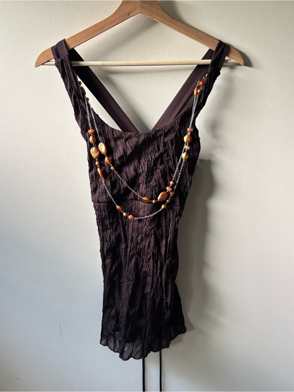 Vanity Brown Lace and Sequin Top with Beaded Necklace